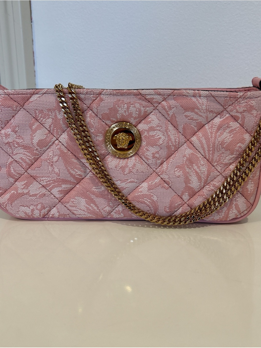Versace Blush Pink Quilted Shoulder Bag with Gold Chain